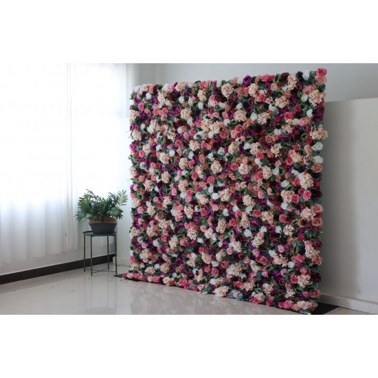 mixed color roses and pink hydrangeas and green leaves cloth roll up flower wall fabric hanging curtain plant wall event party wedding backdrop