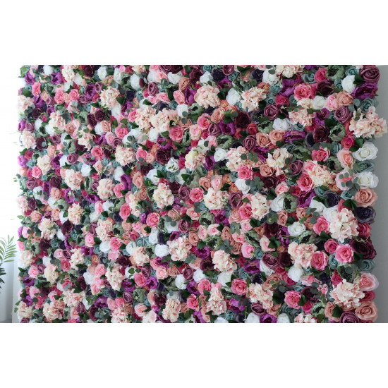 mixed color roses and pink hydrangeas and green leaves cloth roll up flower wall fabric hanging curtain plant wall event party wedding backdrop