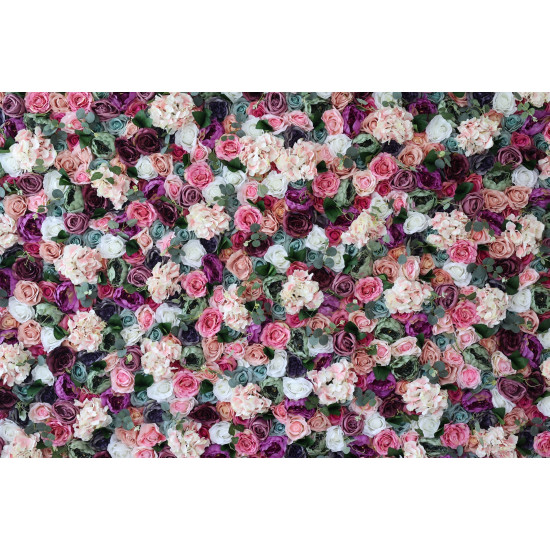 mixed color roses and pink hydrangeas and green leaves cloth roll up flower wall fabric hanging curtain plant wall event party wedding backdrop