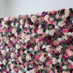 mixed color roses and pink hydrangeas and green leaves cloth roll up flower wall fabric hanging curtain plant wall event party wedding backdrop