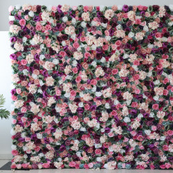 mixed color roses and pink hydrangeas and green leaves cloth roll up flower wall fabric hanging curtain plant wall event party wedding backdrop