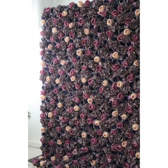 mixed color roses and purple hydrangeas and peonies cloth roll up flower wall fabric hanging curtain plant wall event party wedding backdrop