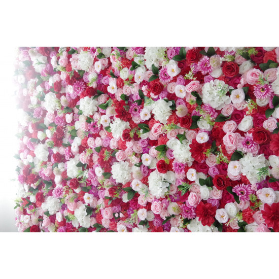 mixed color roses and white hydrangeas and green leaves cloth roll up flower wall fabric hanging curtain plant wall event party wedding backdrop