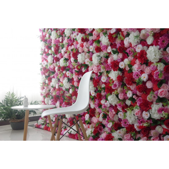 mixed color roses and white hydrangeas and green leaves cloth roll up flower wall fabric hanging curtain plant wall event party wedding backdrop