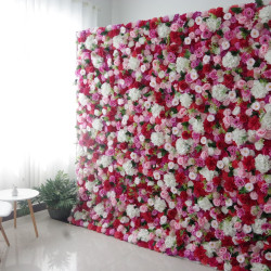 mixed color roses and white hydrangeas and green leaves cloth roll up flower wall fabric hanging curtain plant wall event party wedding backdrop