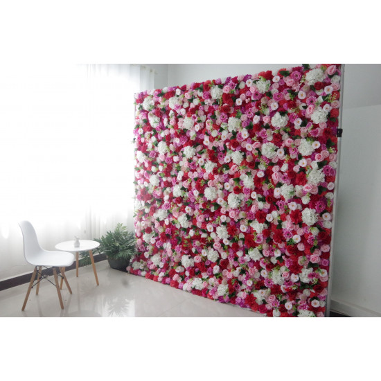 mixed color roses and white hydrangeas and green leaves cloth roll up flower wall fabric hanging curtain plant wall event party wedding backdrop