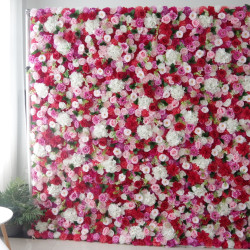 mixed color roses and white hydrangeas and green leaves cloth roll up flower wall fabric hanging curtain plant wall event party wedding backdrop