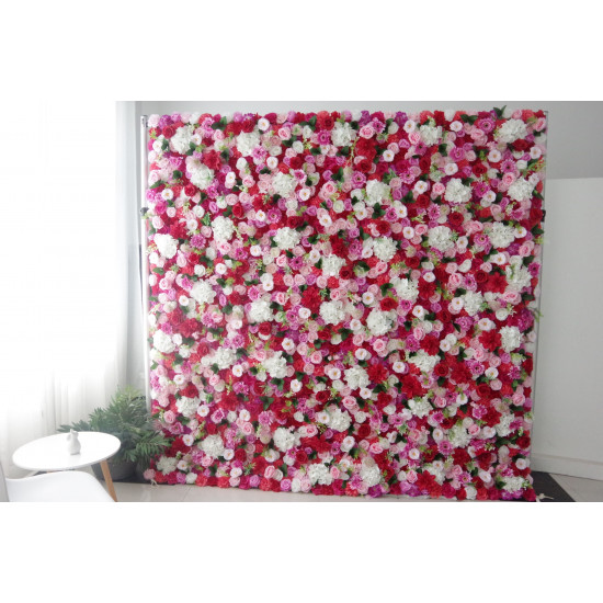 mixed color roses and white hydrangeas and green leaves cloth roll up flower wall fabric hanging curtain plant wall event party wedding backdrop