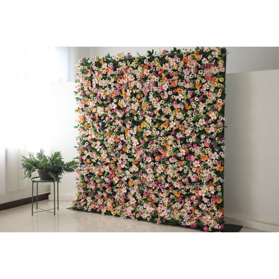 mixed colors of chrysanthemums and green leaves cloth roll up flower wall fabric hanging curtain plant wall event party wedding backdrop