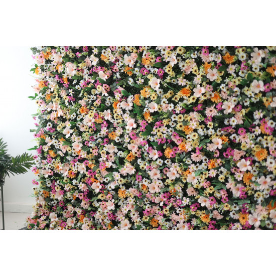 mixed colors of chrysanthemums and green leaves cloth roll up flower wall fabric hanging curtain plant wall event party wedding backdrop