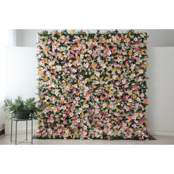 mixed colors of chrysanthemums and green leaves cloth roll up flower wall fabric hanging curtain plant wall event party wedding backdrop