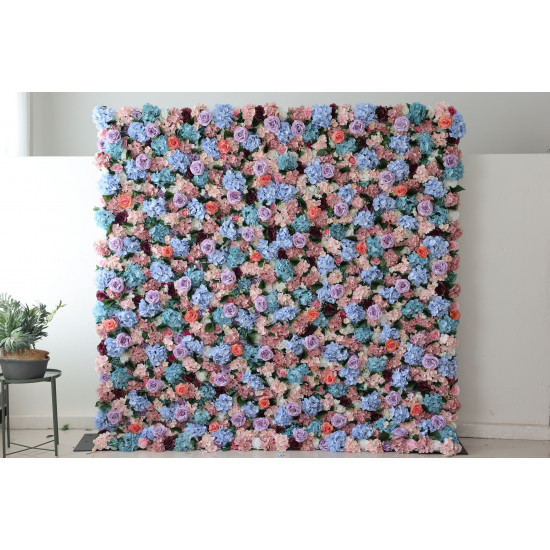 mixed colors of roses and hydrangeas and green leaves cloth roll up flower wall fabric hanging curtain plant wall event party wedding backdrop