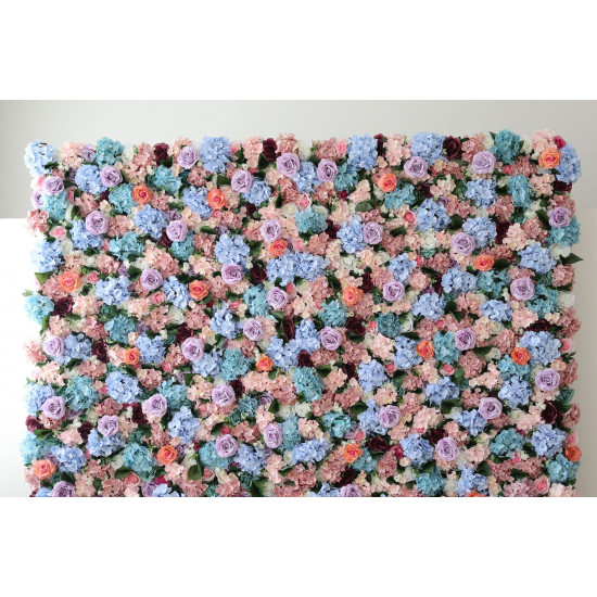 mixed colors of roses and hydrangeas and green leaves cloth roll up flower wall fabric hanging curtain plant wall event party wedding backdrop