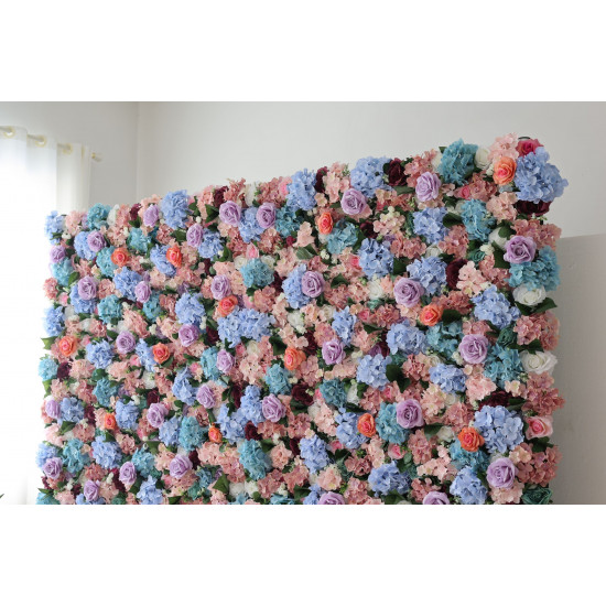 mixed colors of roses and hydrangeas and green leaves cloth roll up flower wall fabric hanging curtain plant wall event party wedding backdrop