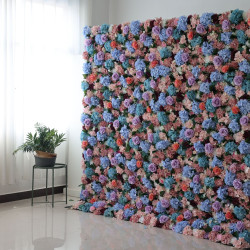 mixed colors of roses and hydrangeas and green leaves cloth roll up flower wall fabric hanging curtain plant wall event party wedding backdrop