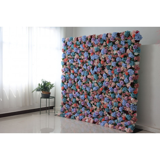 mixed colors of roses and hydrangeas and green leaves cloth roll up flower wall fabric hanging curtain plant wall event party wedding backdrop