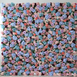 mixed colors of roses and hydrangeas and green leaves cloth roll up flower wall fabric hanging curtain plant wall event party wedding backdrop