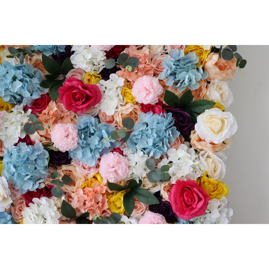 mixed colors of roses and hydrangeas and pink lasagna flowers and green leaves cloth roll up flower wall fabric hanging curtain plant wall event party wedding backdrop