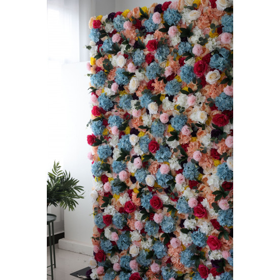 mixed colors of roses and hydrangeas and pink lasagna flowers and green leaves cloth roll up flower wall fabric hanging curtain plant wall event party wedding backdrop