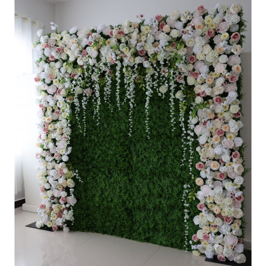 mixed colors of roses and peonies and grass walls cloth roll up flower wall fabric hanging curtain plant wall event party wedding backdrop