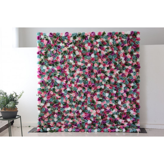 mixed colors of roses and peonies and green leaves cloth roll up flower wall fabric hanging curtain plant wall event party wedding backdrop