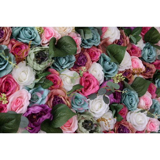 mixed colors of roses and peonies and green leaves cloth roll up flower wall fabric hanging curtain plant wall event party wedding backdrop