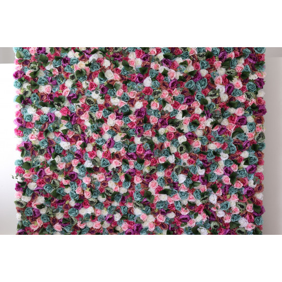 mixed colors of roses and peonies and green leaves cloth roll up flower wall fabric hanging curtain plant wall event party wedding backdrop