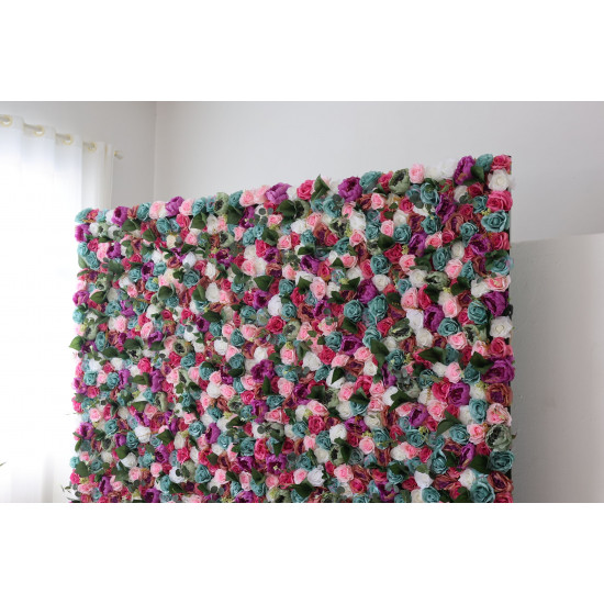 mixed colors of roses and peonies and green leaves cloth roll up flower wall fabric hanging curtain plant wall event party wedding backdrop