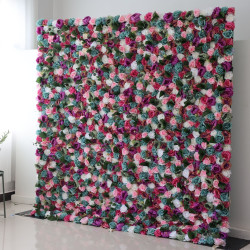 mixed colors of roses and peonies and green leaves cloth roll up flower wall fabric hanging curtain plant wall event party wedding backdrop