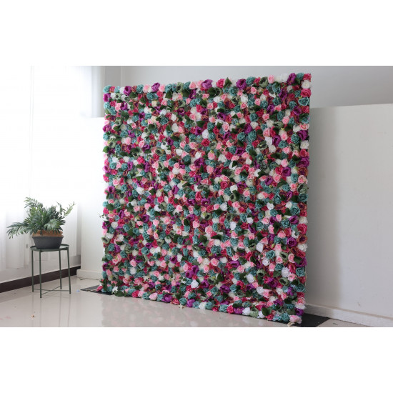 mixed colors of roses and peonies and green leaves cloth roll up flower wall fabric hanging curtain plant wall event party wedding backdrop