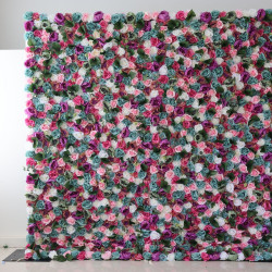 mixed colors of roses and peonies and green leaves cloth roll up flower wall fabric hanging curtain plant wall event party wedding backdrop