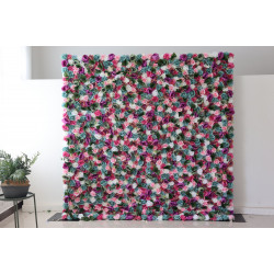 mixed colors of roses and peonies and green leaves cloth roll up flower wall fabric hanging curtain plant wall event party wedding backdrop