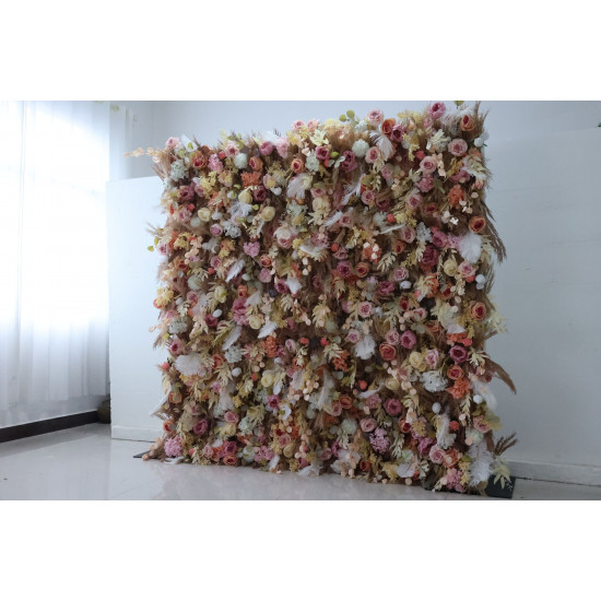 mixed colors rose and white feather cloth flower wall fabric rollin up reed pampas grass curtain floral wall wedding backdrop party event props