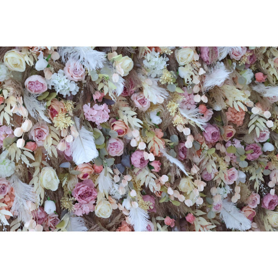 mixed colors rose and white feather cloth flower wall fabric rollin up reed pampas grass curtain floral wall wedding backdrop party event props