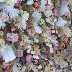 mixed colors rose and white feather cloth flower wall fabric rollin up reed pampas grass curtain floral wall wedding backdrop party event props