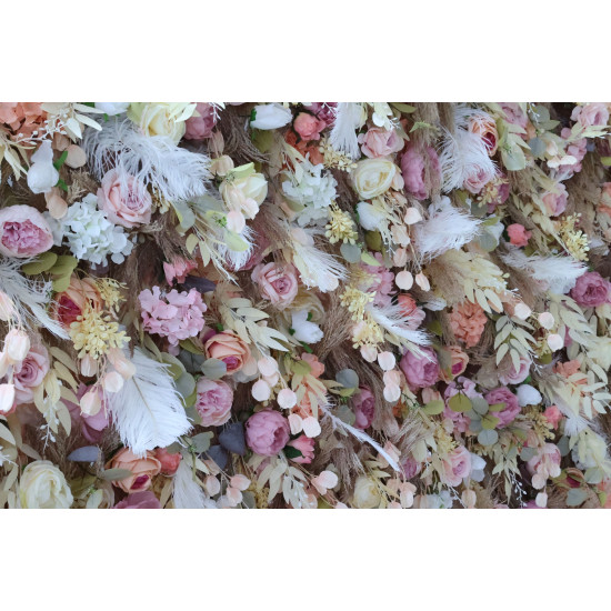 mixed colors rose and white feather cloth flower wall fabric rollin up reed pampas grass curtain floral wall wedding backdrop party event props