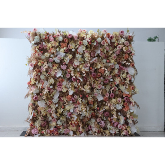 mixed colors rose and white feather cloth flower wall fabric rollin up reed pampas grass curtain floral wall wedding backdrop party event props