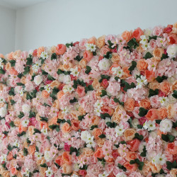 mixed flowers and green leaves cloth roll up flower wall fabric hanging curtain plant wall event party wedding backdrop