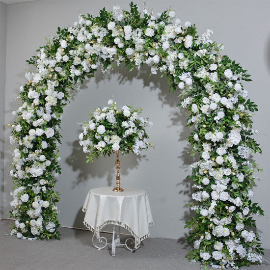 mixed flowers in white with leaves, floral arch, wedding arch backdrop, including frame