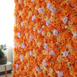 orange roses and hydrangeas and chrysanthemums cloth roll up flower wall fabric hanging curtain plant wall event party wedding backdrop