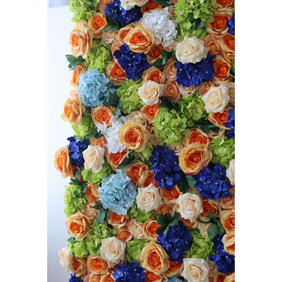 orange roses and mixed color hydrangeas cloth roll up flower wall fabric hanging curtain plant wall event party wedding backdrop