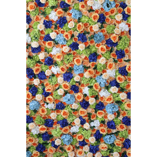 orange roses and mixed color hydrangeas cloth roll up flower wall fabric hanging curtain plant wall event party wedding backdrop