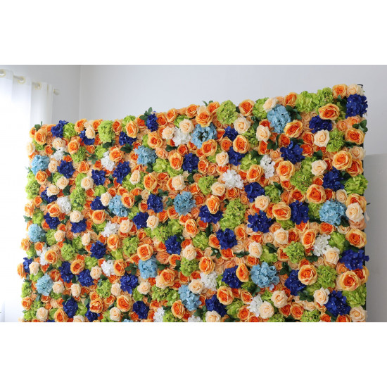 orange roses and mixed color hydrangeas cloth roll up flower wall fabric hanging curtain plant wall event party wedding backdrop