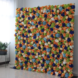 orange roses and mixed color hydrangeas cloth roll up flower wall fabric hanging curtain plant wall event party wedding backdrop