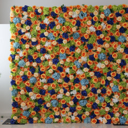 orange roses and mixed color hydrangeas cloth roll up flower wall fabric hanging curtain plant wall event party wedding backdrop