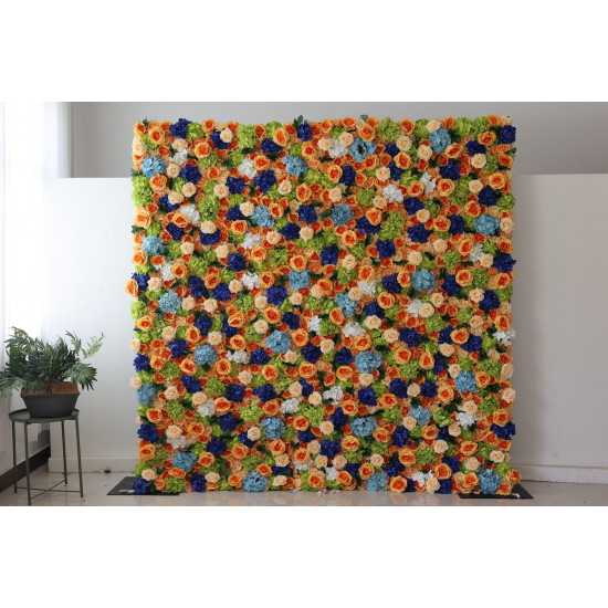 orange roses and mixed color hydrangeas cloth roll up flower wall fabric hanging curtain plant wall event party wedding backdrop