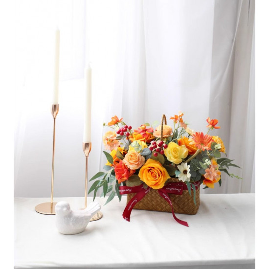 orange wedding basket flowers, orange artificial wedding flowers, diy wedding flowers, wedding faux flowers