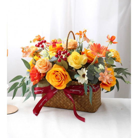 orange wedding basket flowers, orange artificial wedding flowers, diy wedding flowers, wedding faux flowers