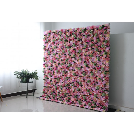 pink and green roses and green leaves cloth roll up flower wall fabric hanging curtain plant wall event party wedding backdrop