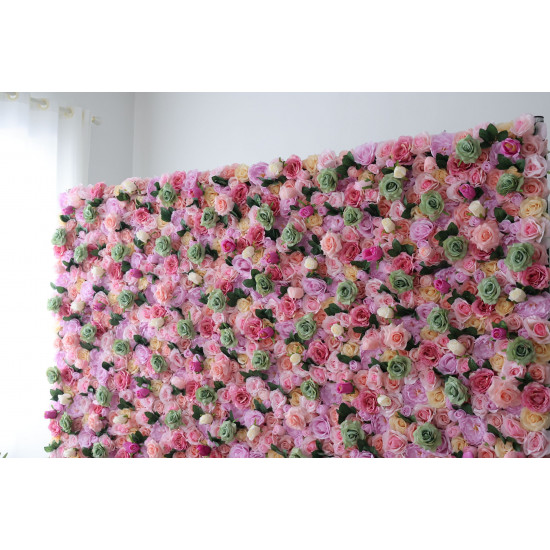 pink and green roses and green leaves cloth roll up flower wall fabric hanging curtain plant wall event party wedding backdrop